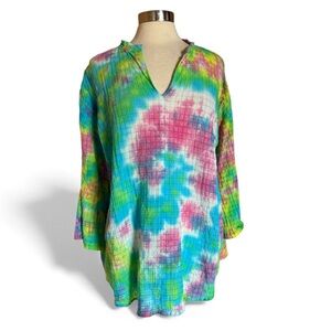 Eileen Fisher Organic Cotton Tie-Dye Top L Rainbow Crinkle Tunic